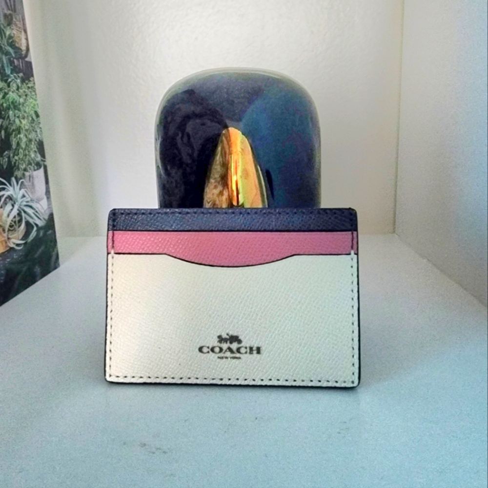 Coach color block pink white black leather card holder wallet